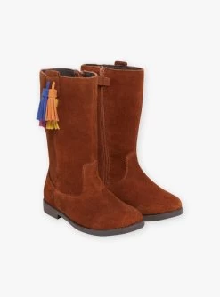 Bottes Montantes Camel En Cuir Et Pompons Enfant Fille