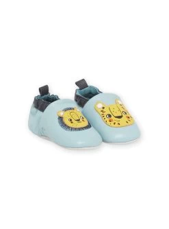 Chaussons Bleu Azur à Motifs Lion Et Lionne Bébé Garcon