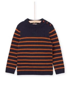 Pull Bleu Nuit à Rayures Moutarde