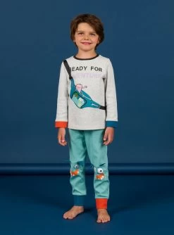 Pyjama Long Gris Chiné Et Turquoise