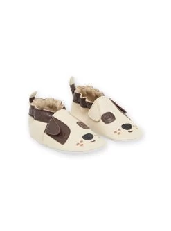 Chaussons En Cuir Beiges à Motif Chien