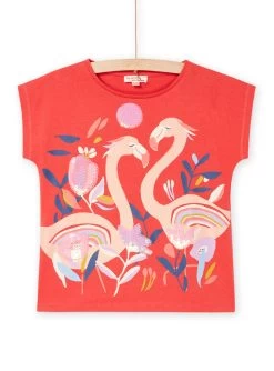 T-shirt Rouge à Animation Flamants-rose Et Fleurs