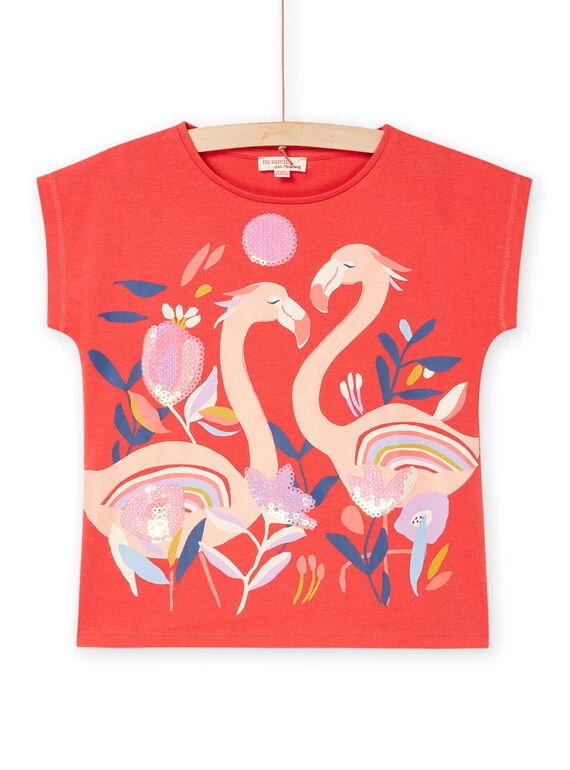 T-shirt Rouge à Animation Flamants-rose Et Fleurs 3 T-shirt Rouge à Animation Flamants-rose Et Fleurs