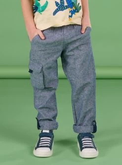 Pantalon Bleu Nuit Chiné En Lin Et Coton Mélangés