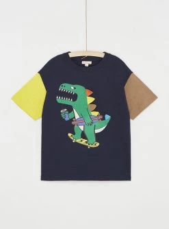 T-shirt Bleu Nuit à Animation Dinosaure Garçon